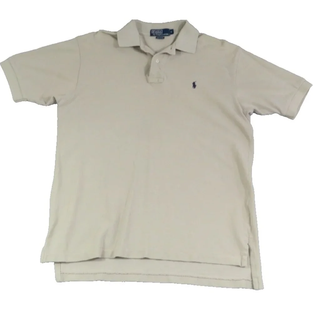 Polo Ralph Lauren Polo Shirt Men's M Cream Blue Pony High Low Slit Performance